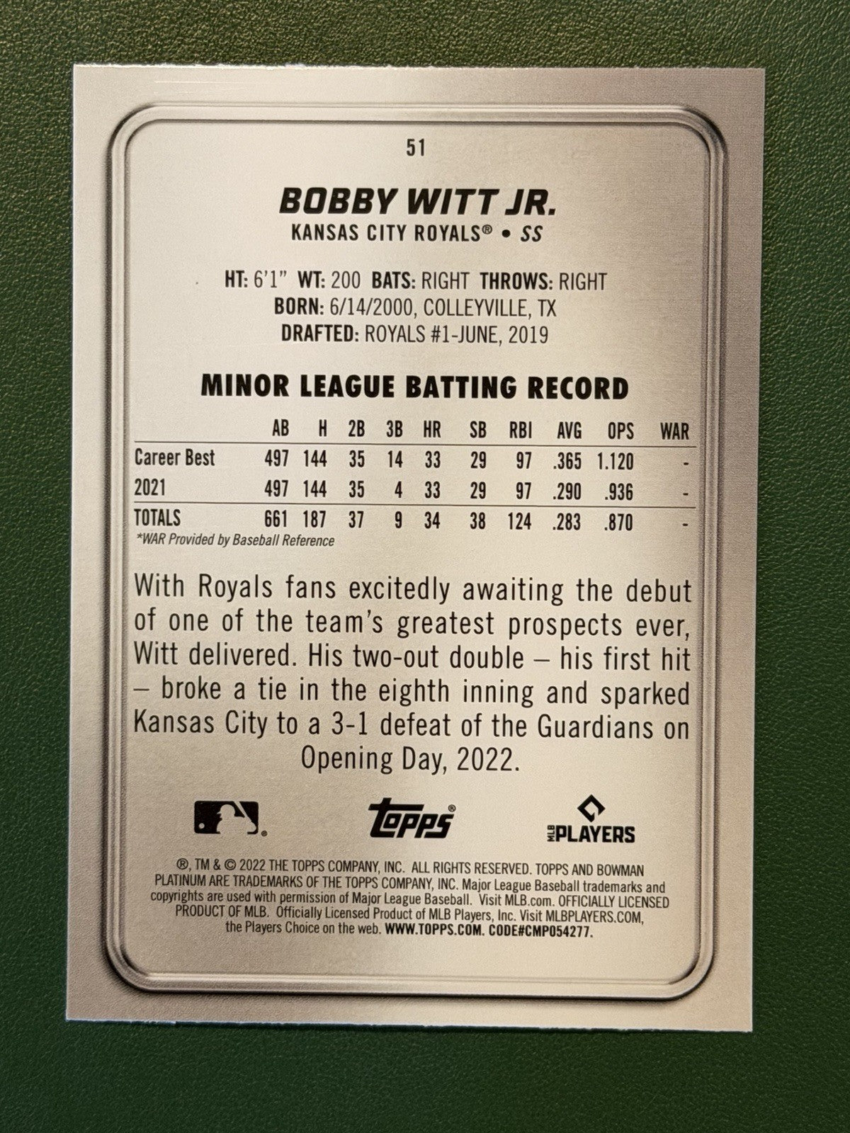 2022 Bowman Platinum - Bobby Witt Jr. #51 (RC)1