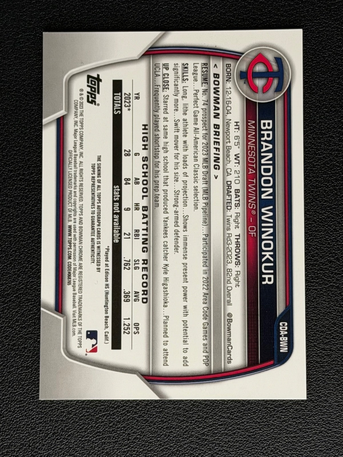 2023 Bowman Draft - Chrome Prospect Autographs Brandon Winokur #CDA-BWN (AU, RC)1