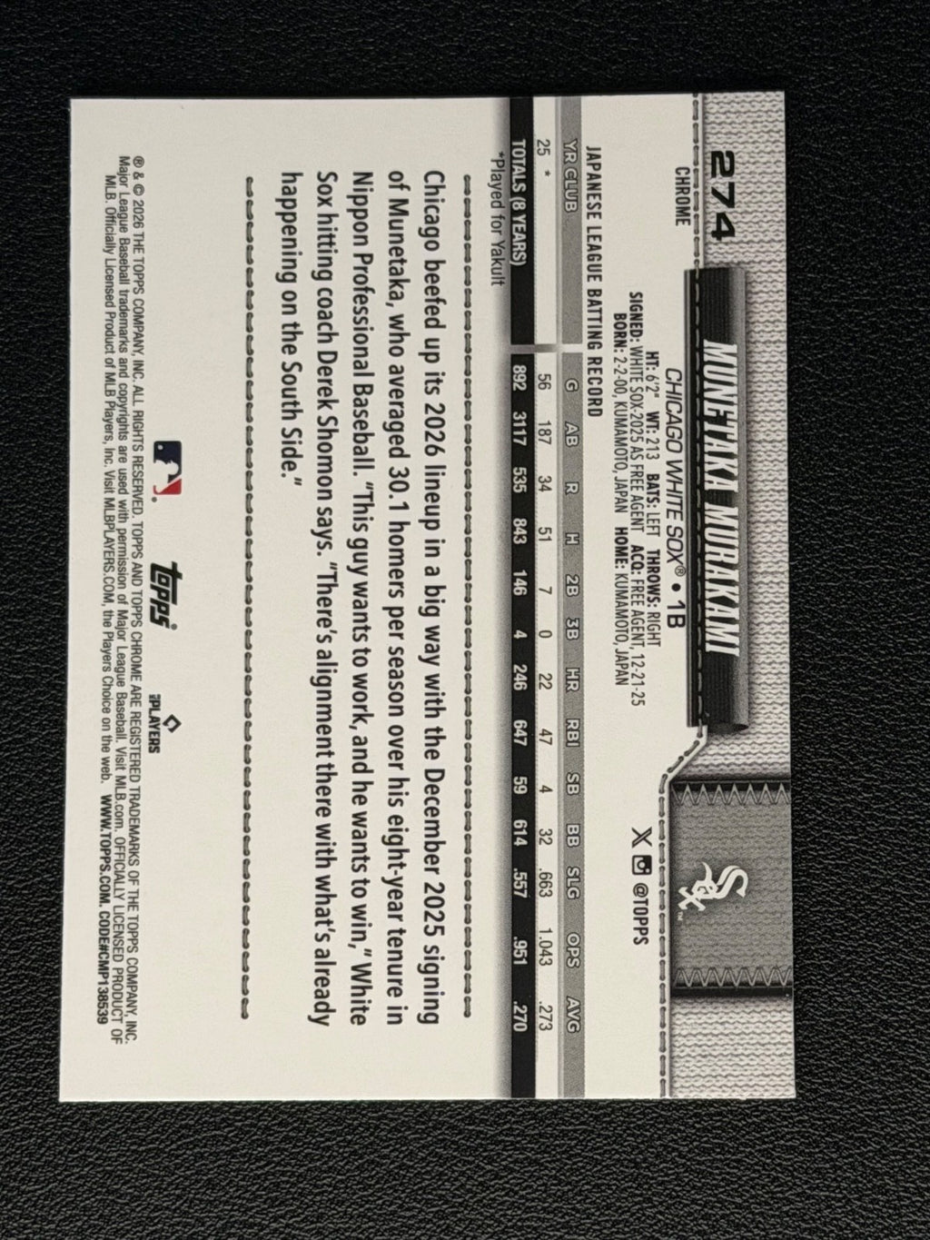 2026 Topps Chrome Munetaka Murakami RC - ROY1