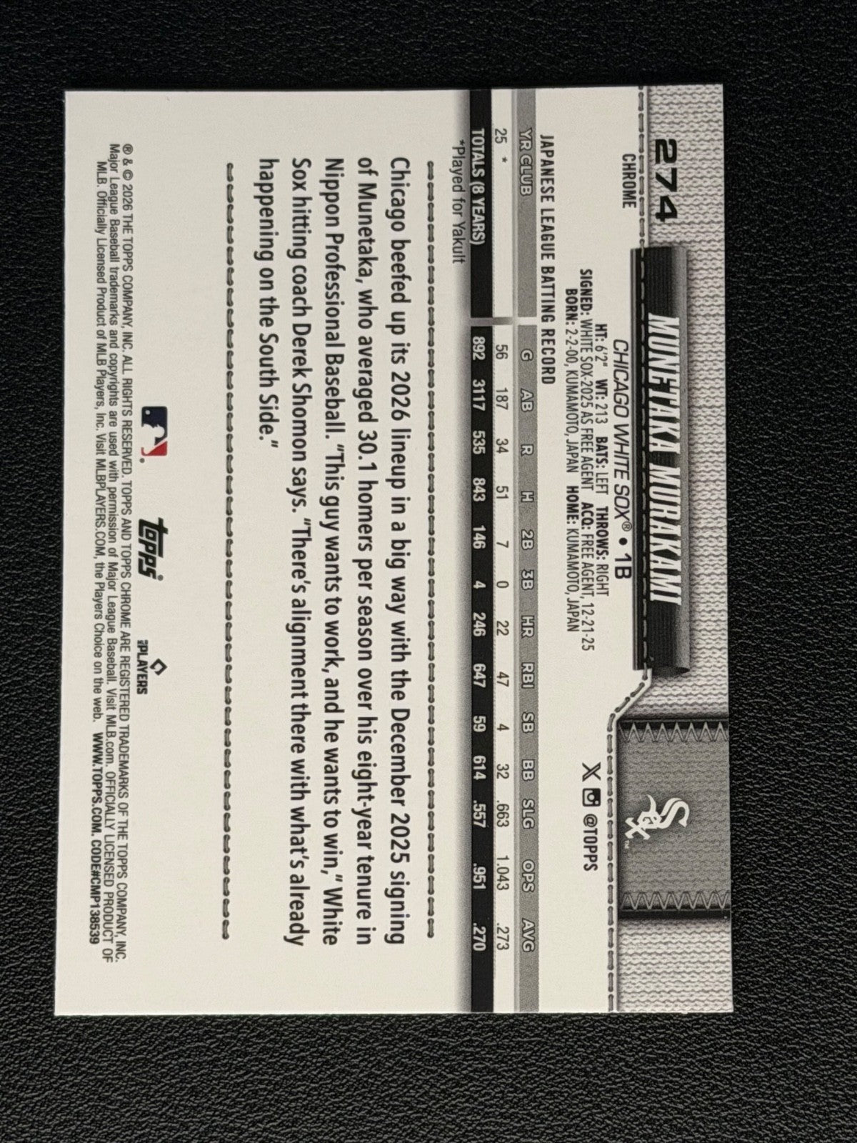 2026 Topps Chrome Munetaka Murakami RC - ROY1