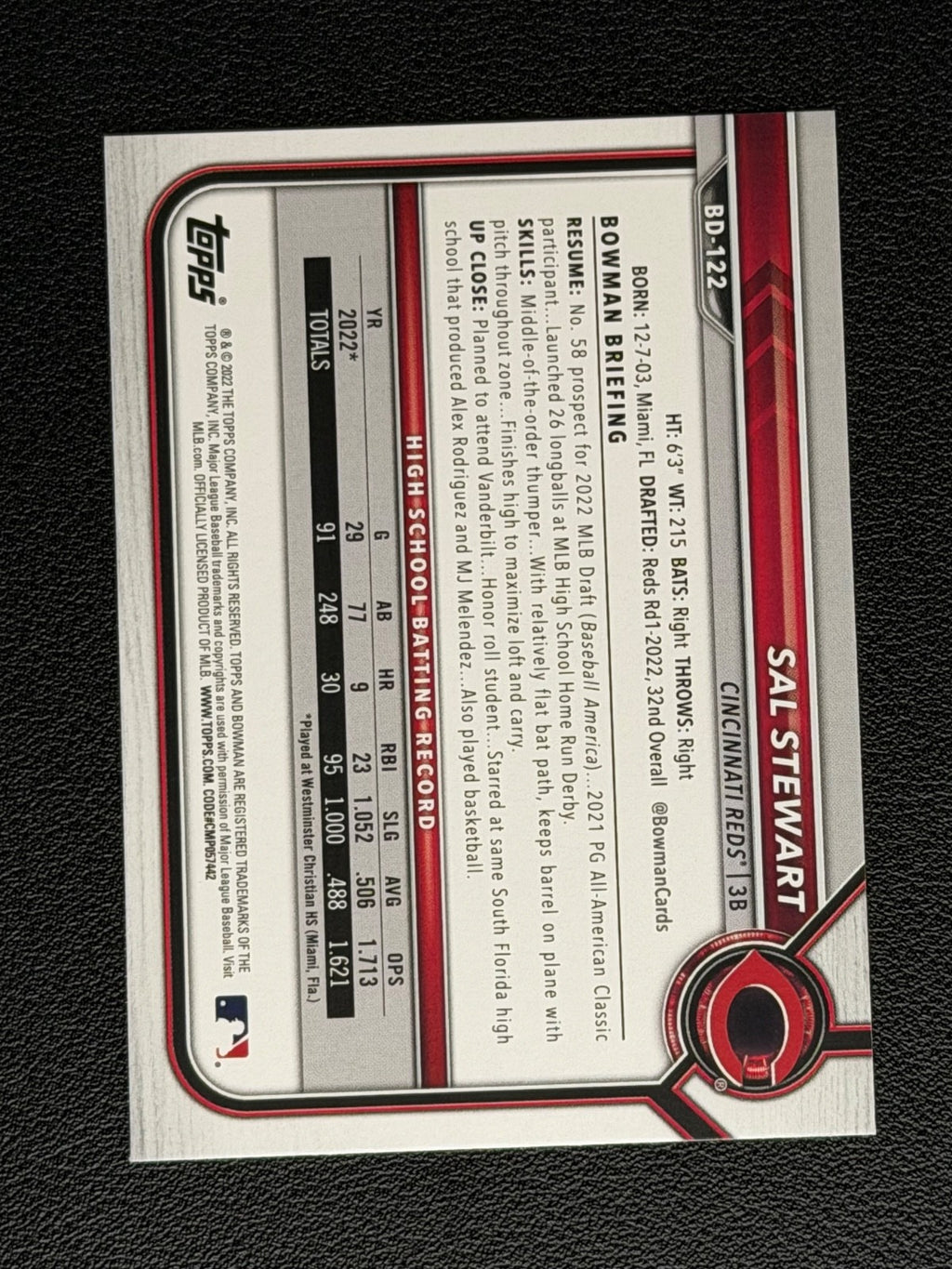 2022 Bowman Draft 1st Edition - Sal Stewart #BD-122 (RC)1