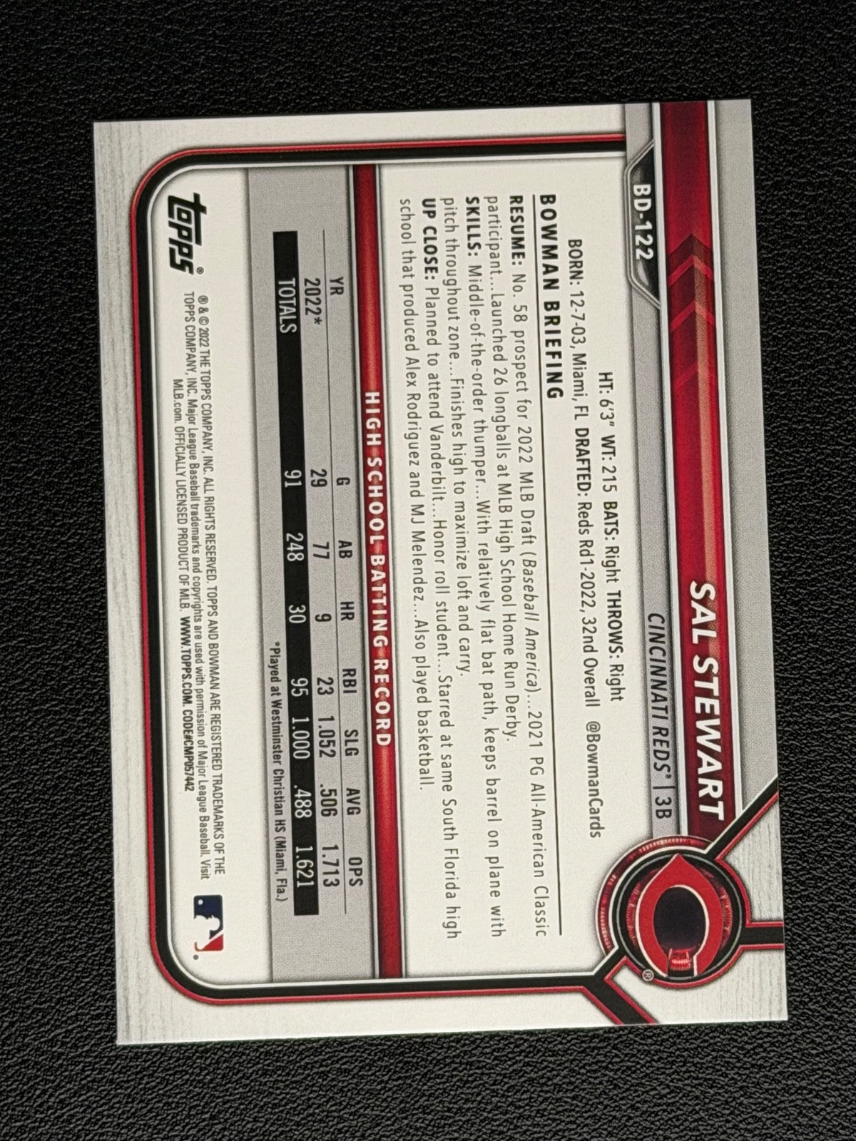 2022 Bowman Draft 1st Edition - Sal Stewart #BD-122 (RC)1