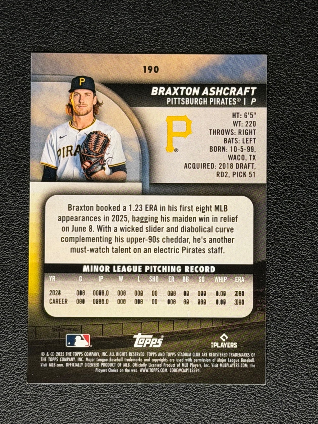 2025 Topps Stadium Club - Braxton Ashcraft #190 (RC)1