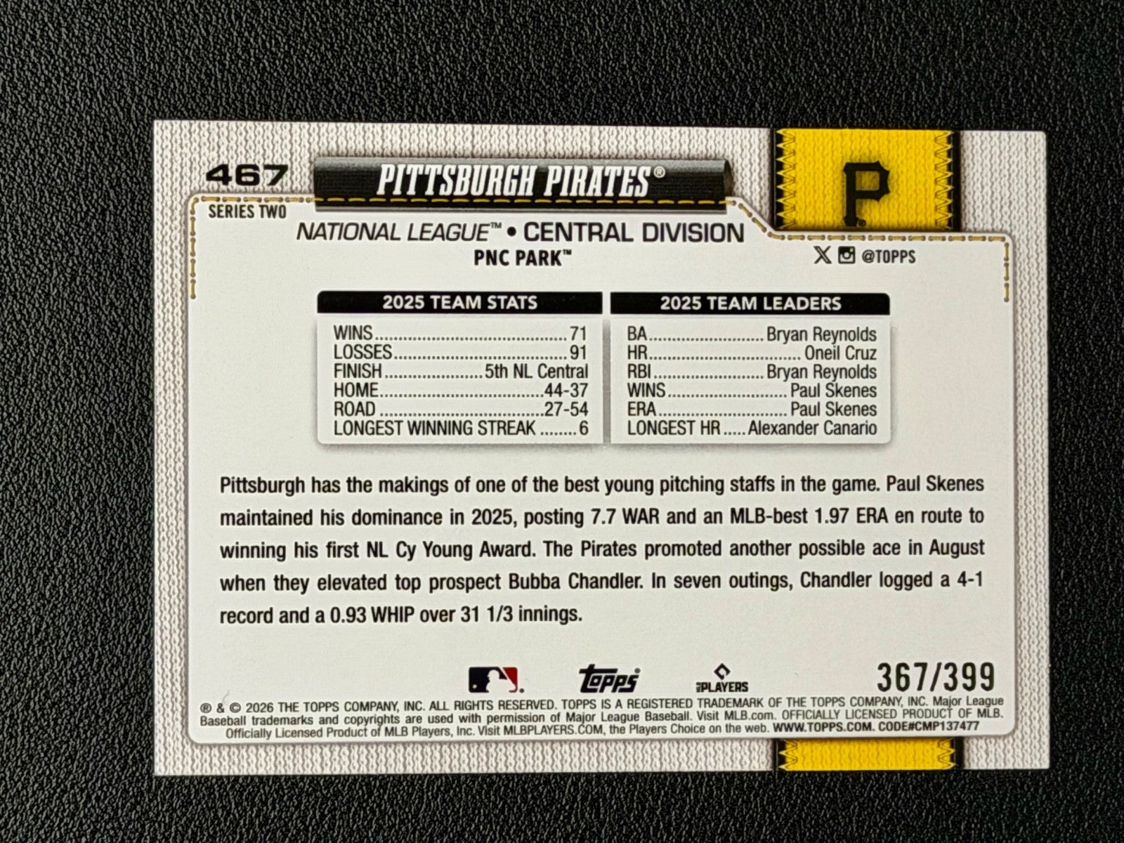 2026 Topps Series 2 Pittsburgh Priates Yellow Foil #/3991