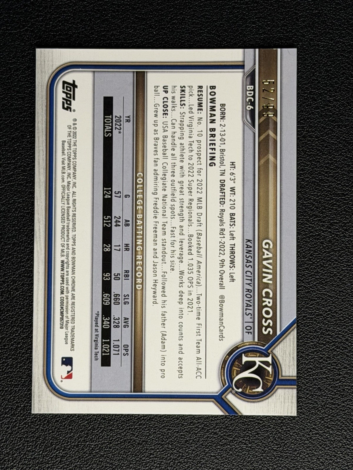 2022 Bowman Chrome Draft - Gavin Cross #BDC-6 True Green /99 (RC)1