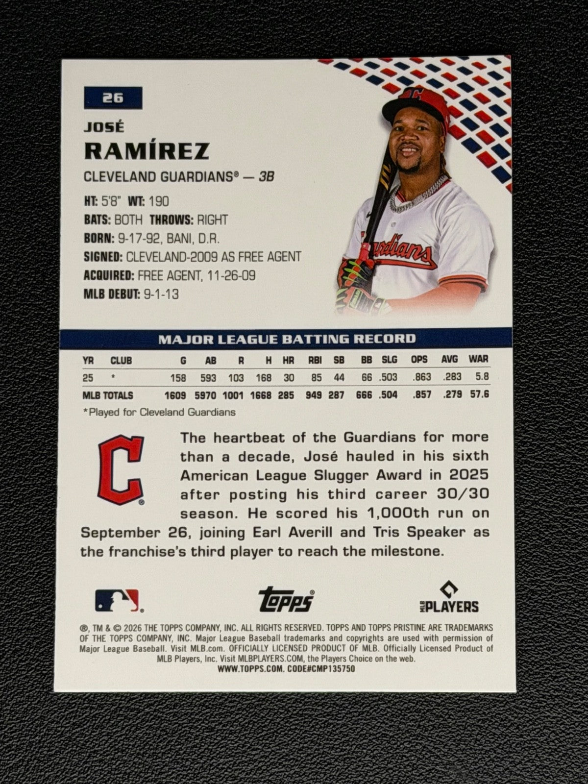 2026 Topps Pristine Jose Ramirez Green Refractor #26 82/150 Guardians1