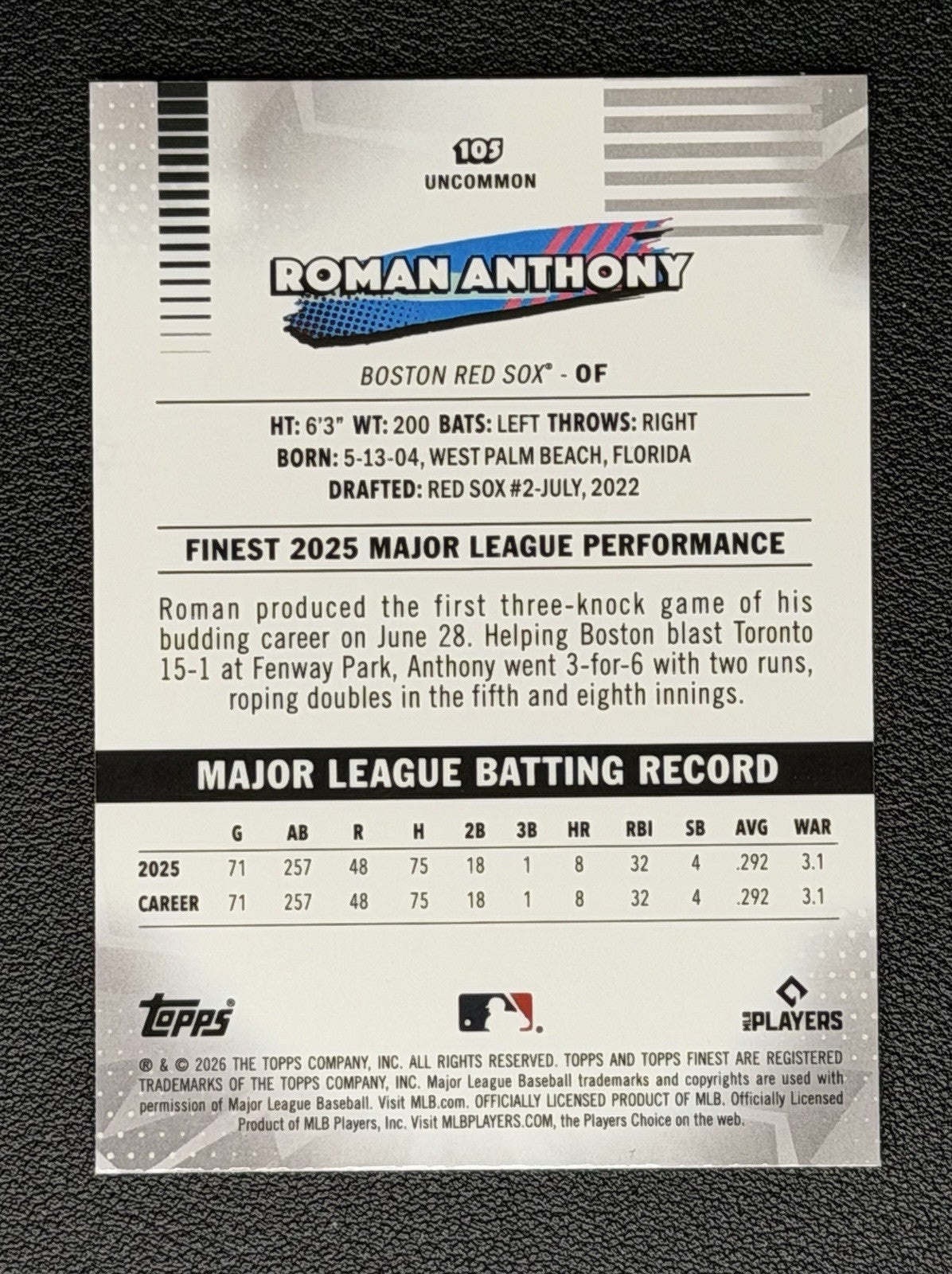 2026 Topps Finest Roman Anthony Uncommon #105 RC ROOKIE1