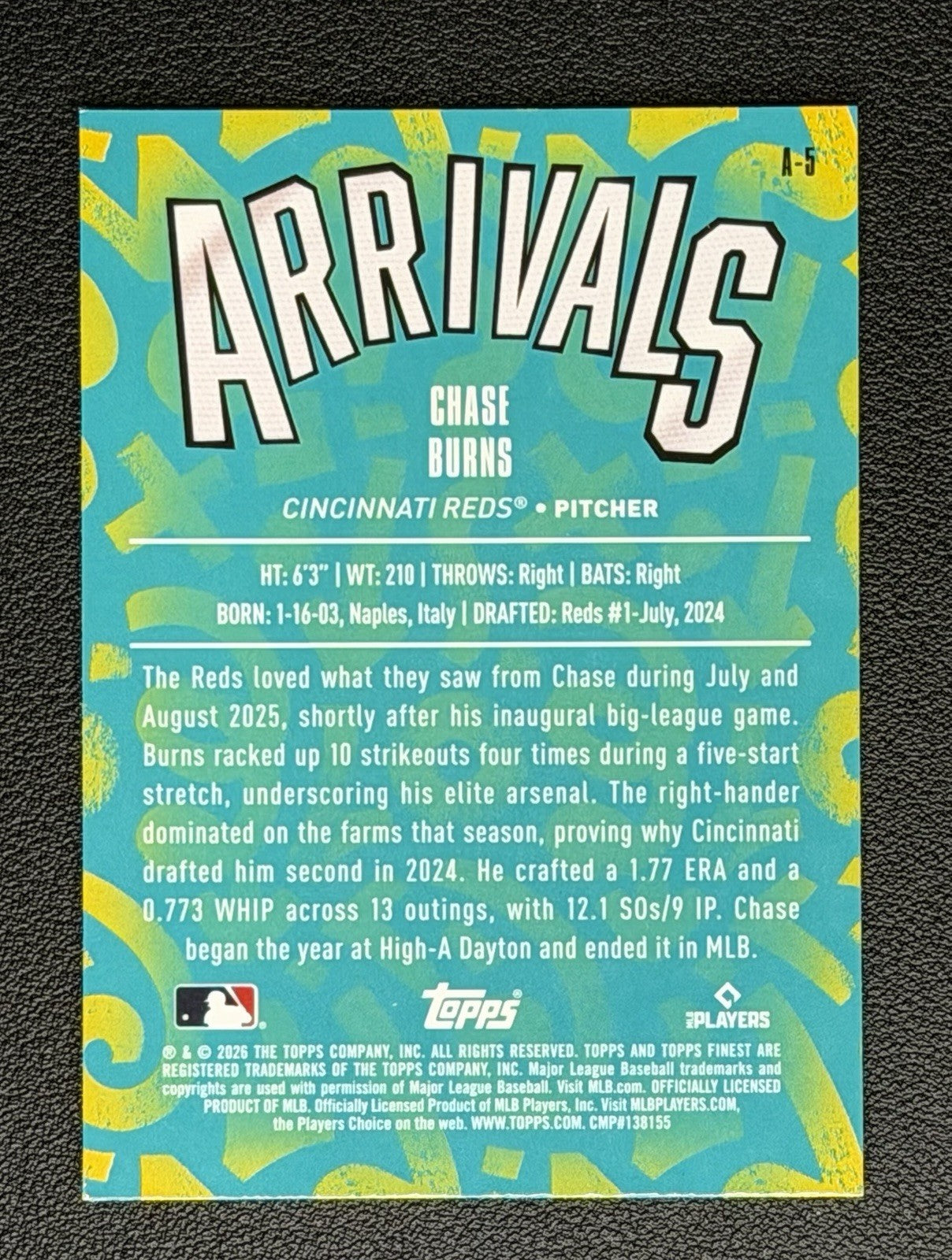 CHASE BURNS 2026 Topps Finest Arrivals Refractor #A-5 Reds Rookie1