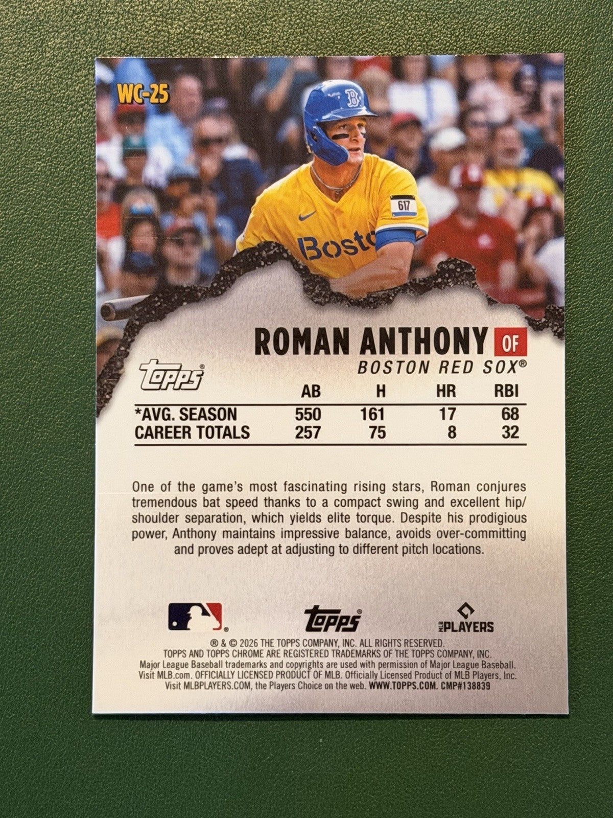 Topps 2026 Topps Chrome Roman Anthony RC Wrecking Crew Insert #WC-25 Red Sox1