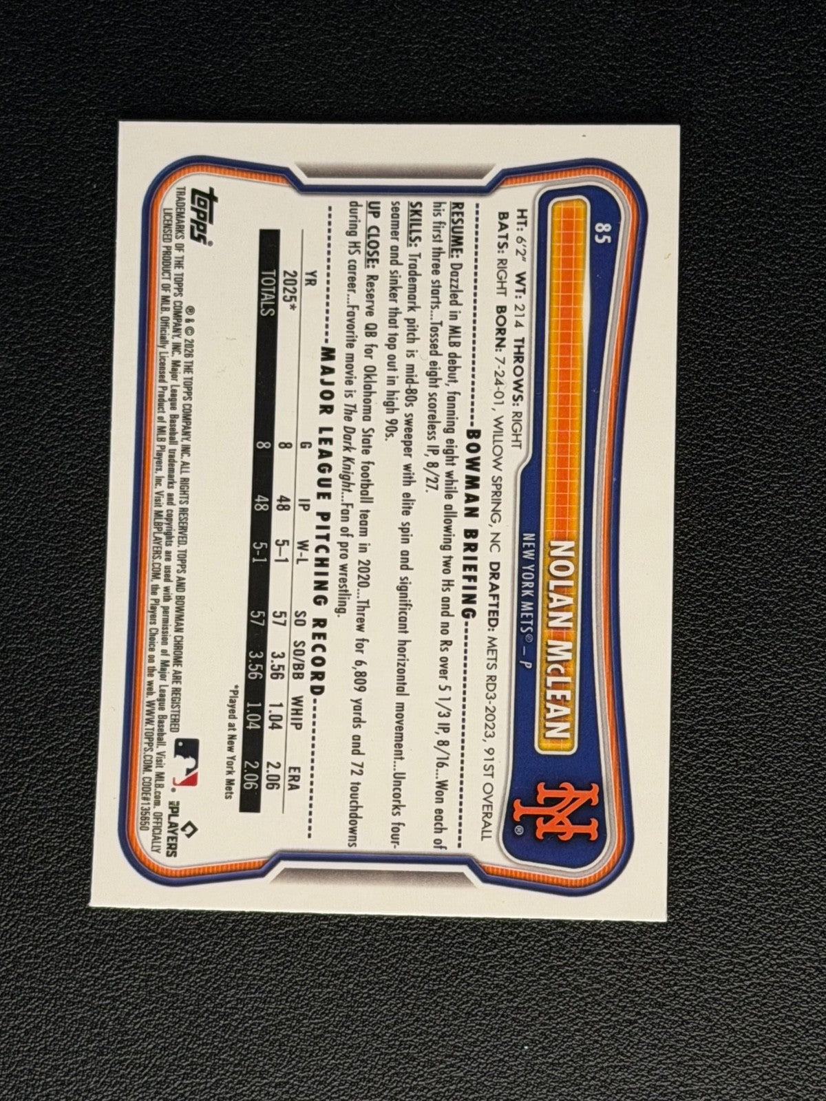 2026 Bowman - Nolan McLean #85 SP Rookie Red Rc Refractor (RC)1