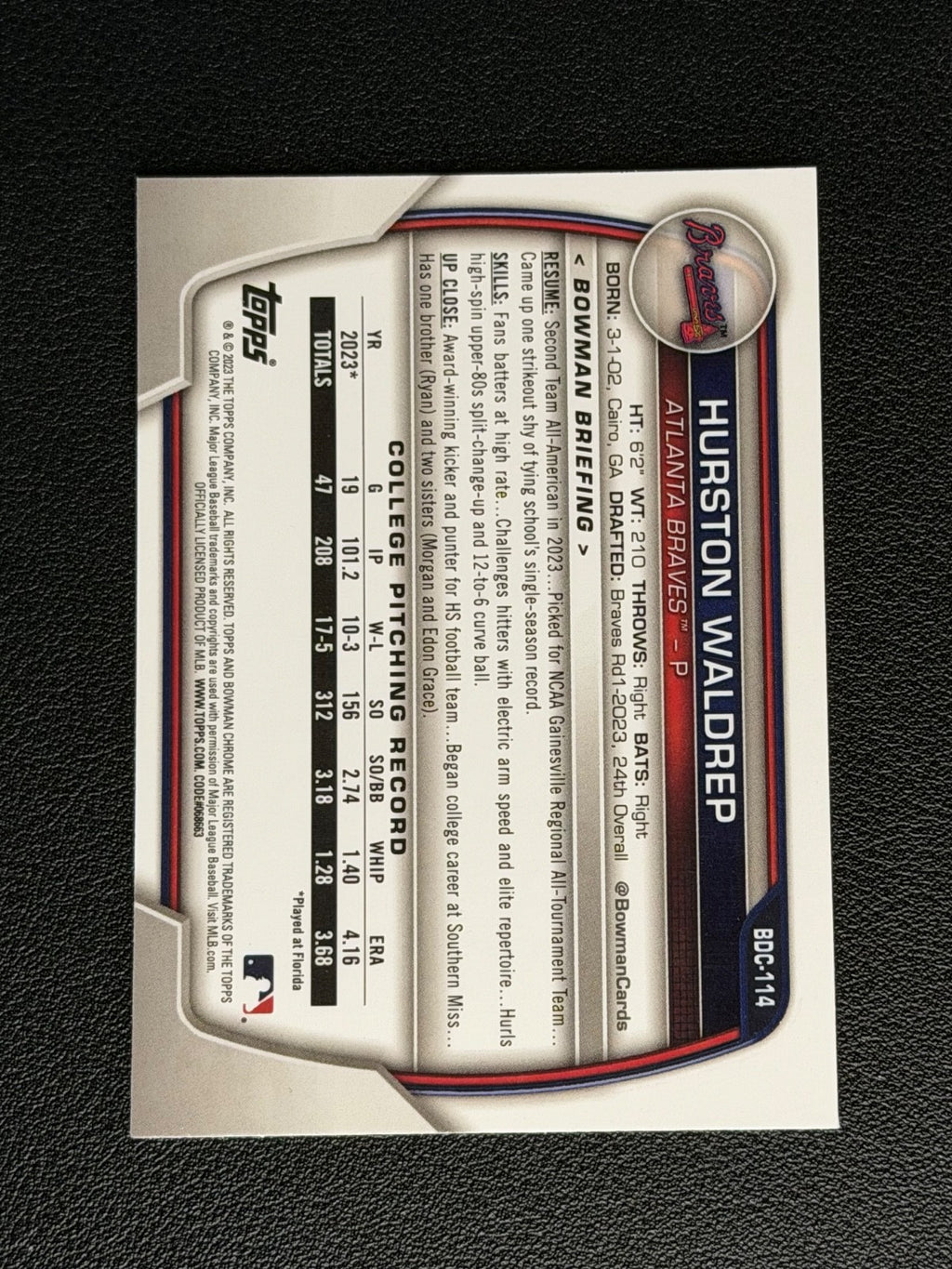 2023 Bowman Chrome Gold Refractor Hurston Waldrep #/50 RC1