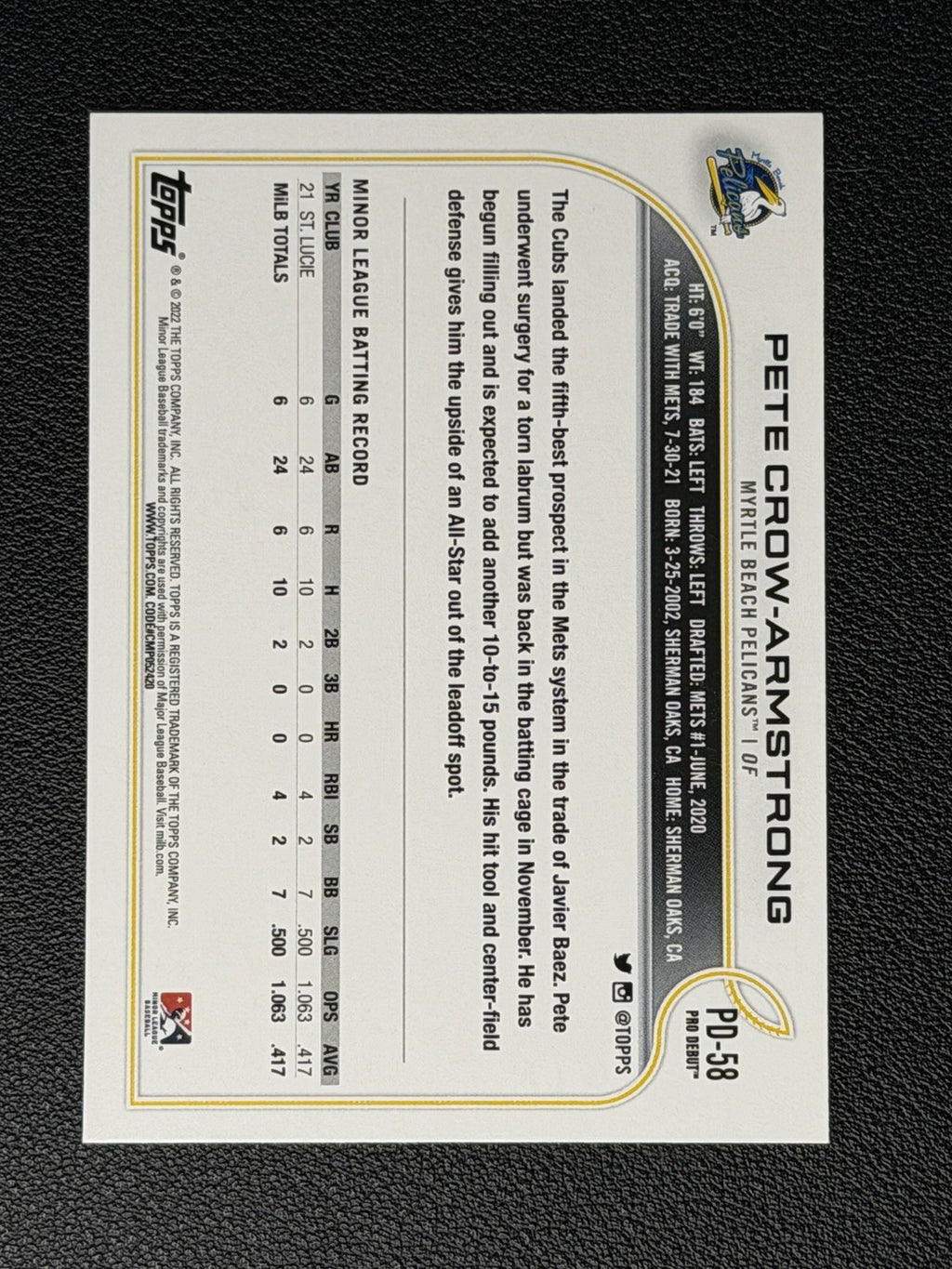 2022 Topps Pro Debut - Pete Crow-Armstrong #PD-58 (RC)1