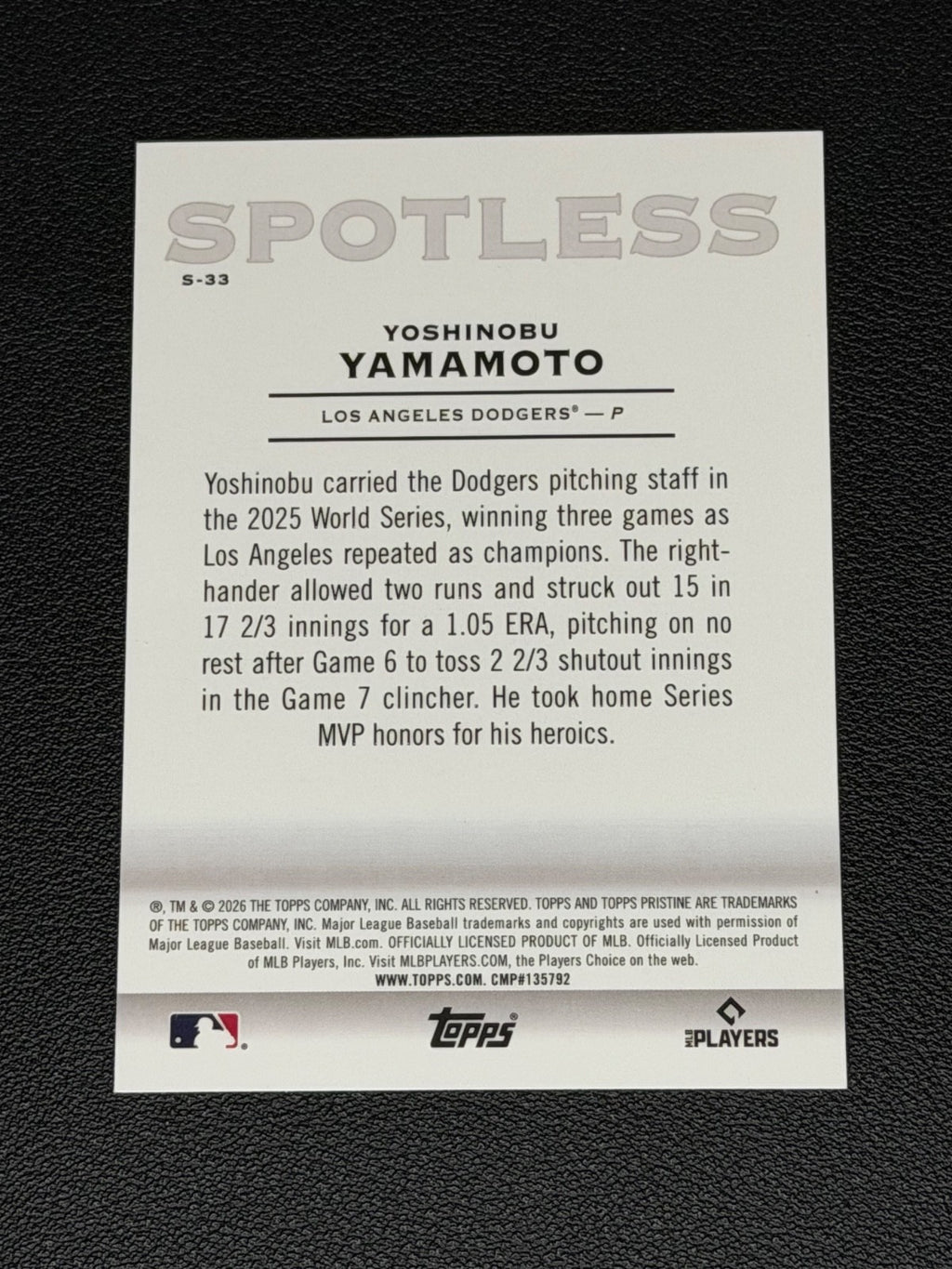 2026 Topps Pristine Spotless SP Yoshinobu Yamamoto LA Dodgers1