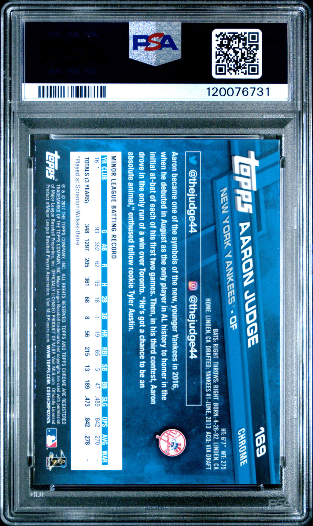 2017 Topps Chrome Aaron Judge PSA 10 Rookie Card
