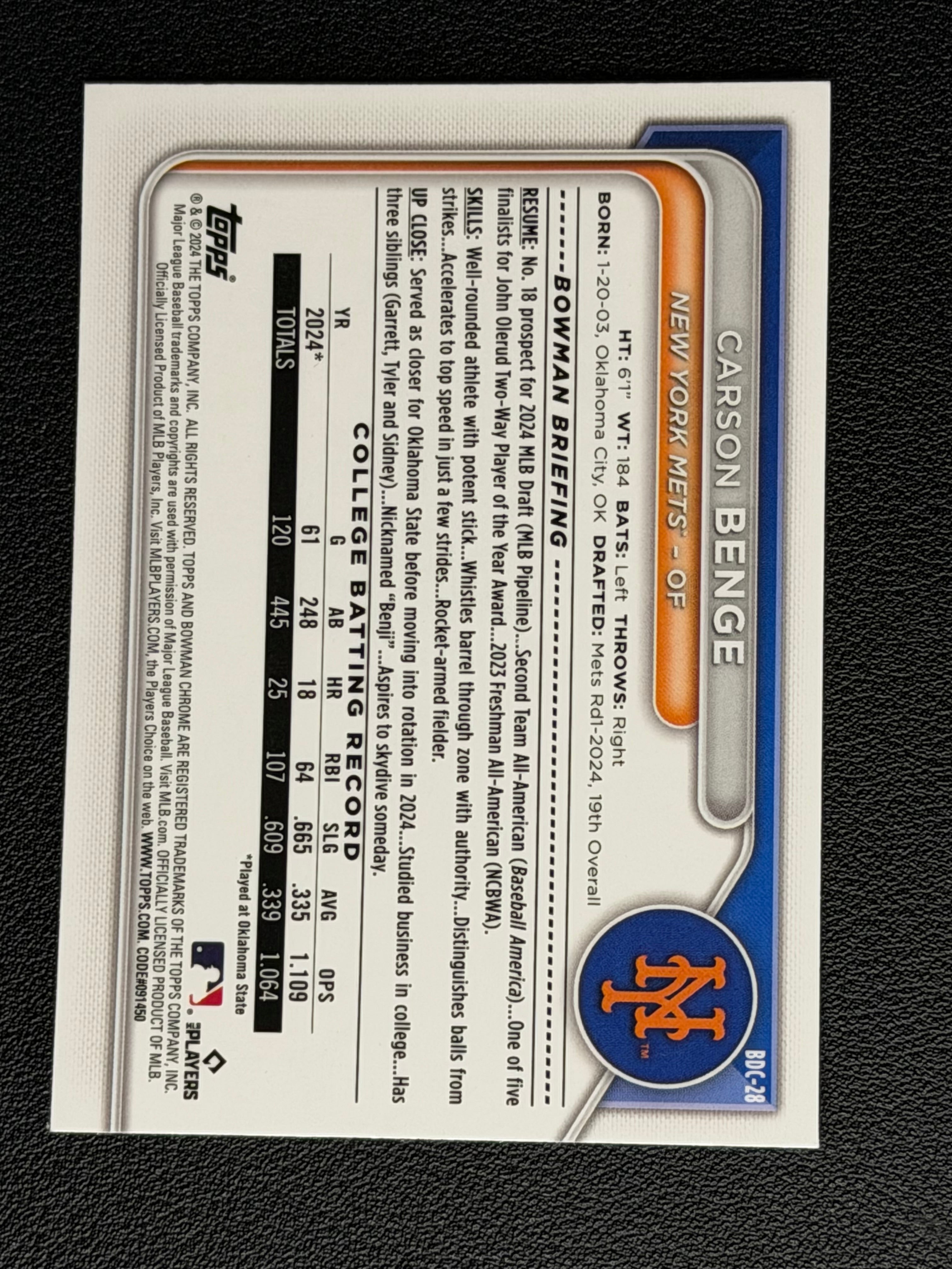 2024 Bowman Chrome Draft Carson Benge Rookie Card